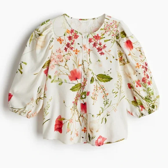 H&M women’s linen blend white floral button down blouse sz XS preloved - Picture 5 of 11
